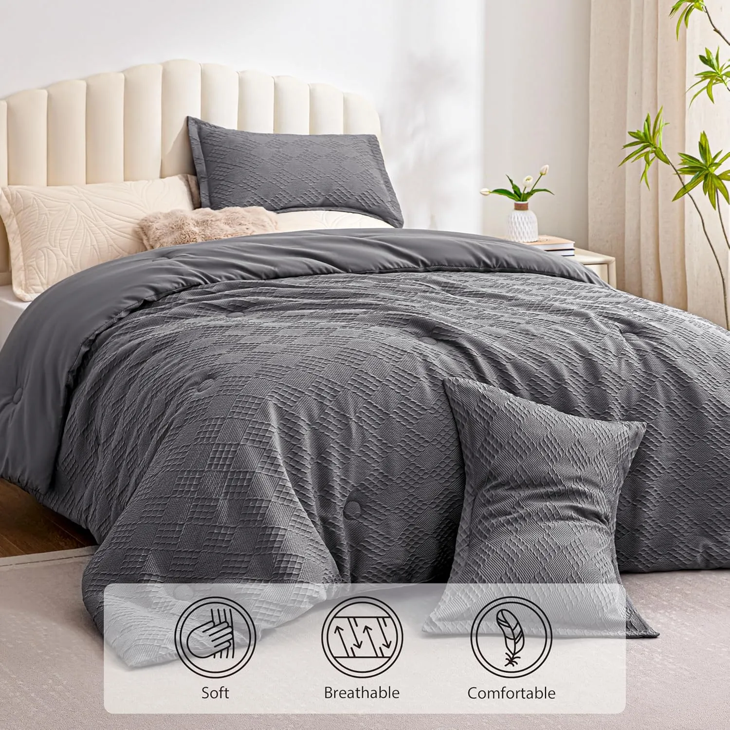 EXQ Home Waffle Comforter Queen Size - Super Soft Embossed Design Comforter Set 3 Pieces, Grey 3D Diamond Pattern Bedding Set,Winter Warm Bed Set,1 Comforter with 2 Pillowcases