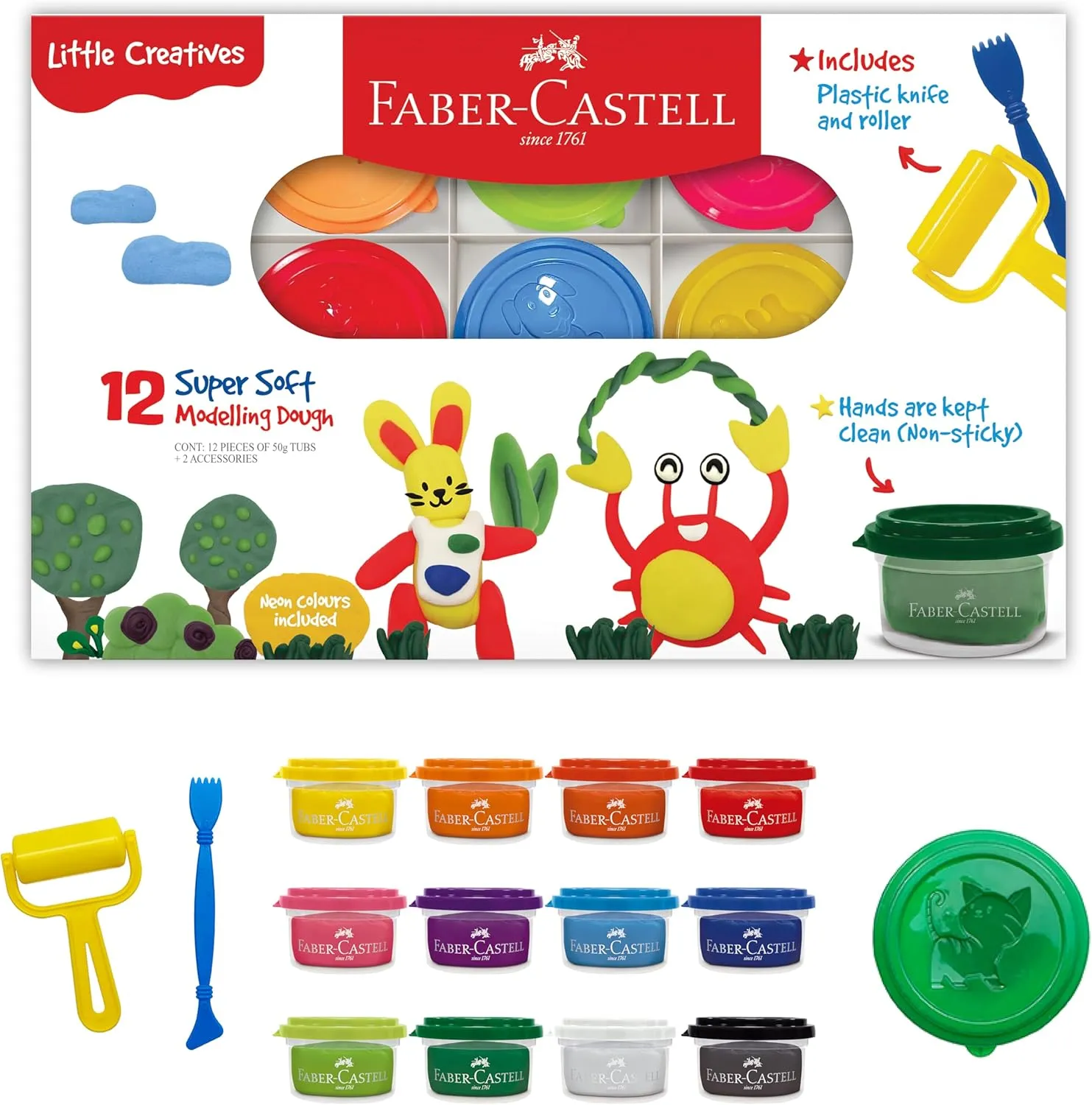 Faber-Castell Little Creatives Super Soft Modeling Dough - 12 Colors: Classic & Neon   Sculpting Tools, Learn & Play Non Toxic Playdough Kit for Toddlers, Preschool Ages 3 