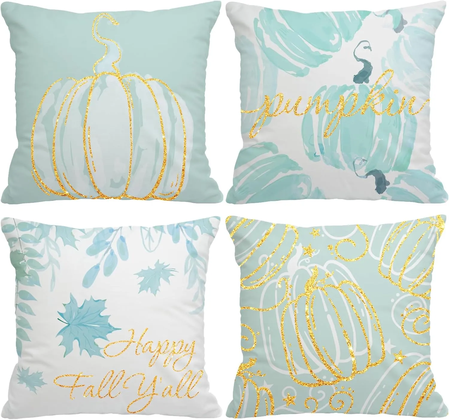 Fall Pillow Covers 18x18 Inch Set of 4 Glitter Pumpkins Cyan Throw Pillowcase Autumn Harvest Farmhouse Home Decorations Sofa Bedroom Cushion Case