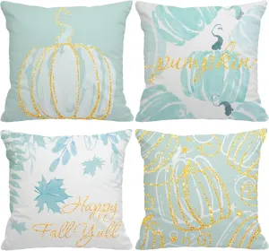 Fall Pillow Covers 18x18 Inch Set of 4 Glitter Pumpkins Cyan Throw Pillowcase Autumn Harvest Farmhouse Home Decorations Sofa Bedroom Cushion Case