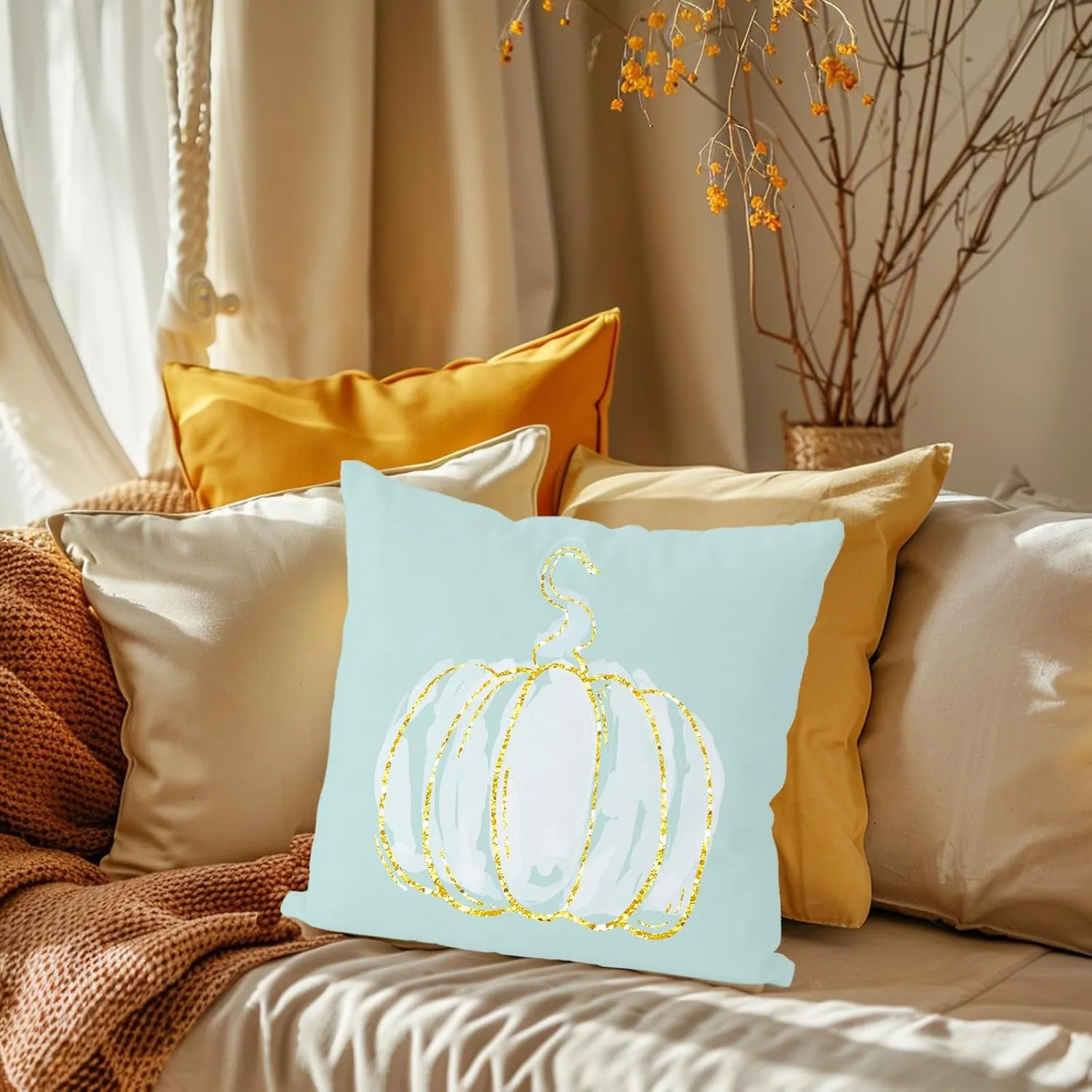 Fall Pillow Covers 18x18 Inch Set of 4 Glitter Pumpkins Cyan Throw Pillowcase Autumn Harvest Farmhouse Home Decorations Sofa Bedroom Cushion Case