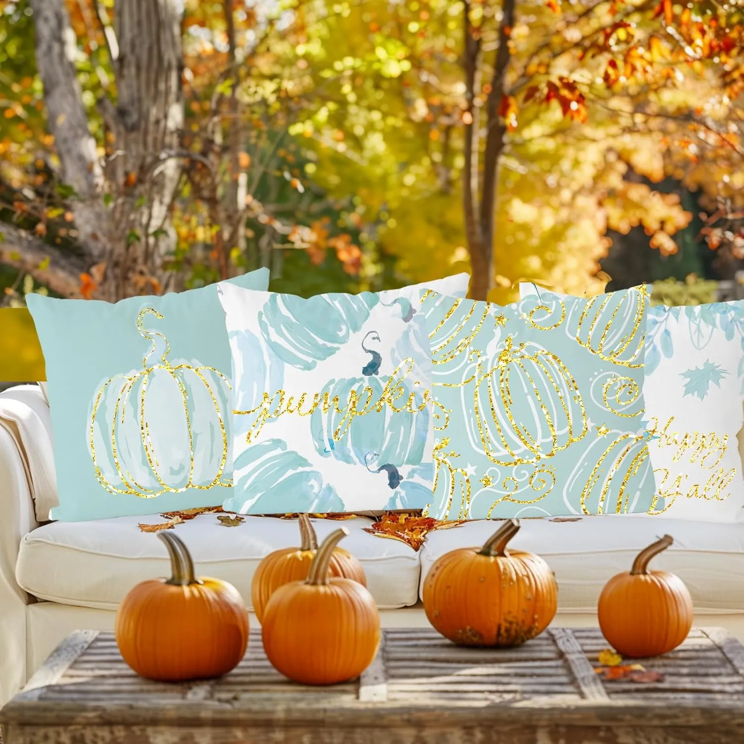 Fall Pillow Covers 18x18 Inch Set of 4 Glitter Pumpkins Cyan Throw Pillowcase Autumn Harvest Farmhouse Home Decorations Sofa Bedroom Cushion Case
