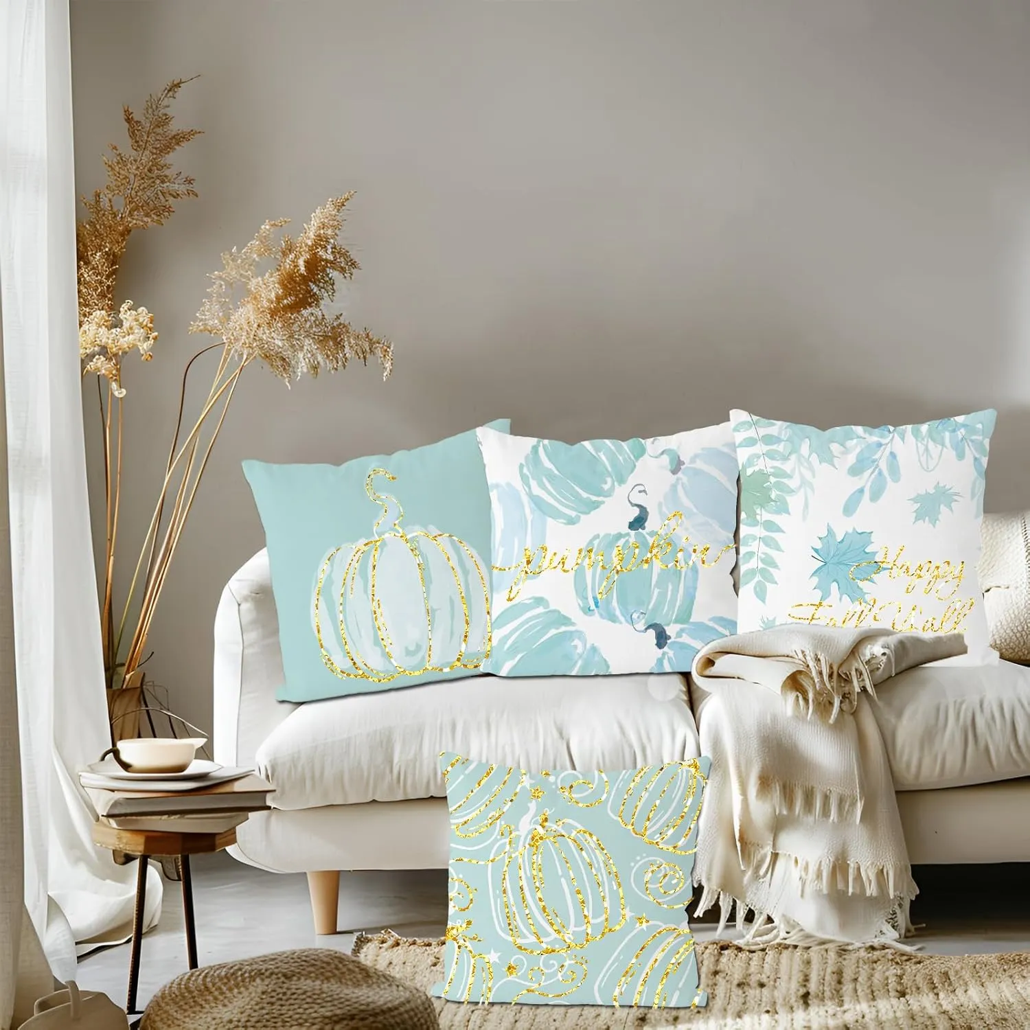 Fall Pillow Covers 18x18 Inch Set of 4 Glitter Pumpkins Cyan Throw Pillowcase Autumn Harvest Farmhouse Home Decorations Sofa Bedroom Cushion Case