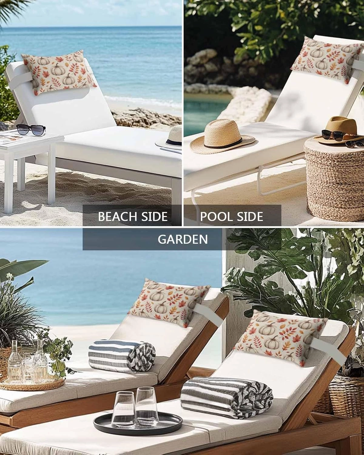 Fall Outdoor Head Resting Pillows with Insert Thanksgiving Pumpkin Fall Watercolor Fallen Leaves Retro 1 Pack Waterproof Lumbar Pillows with Elastic Strap for Patio Recliner Beach Chair, 12”x20”