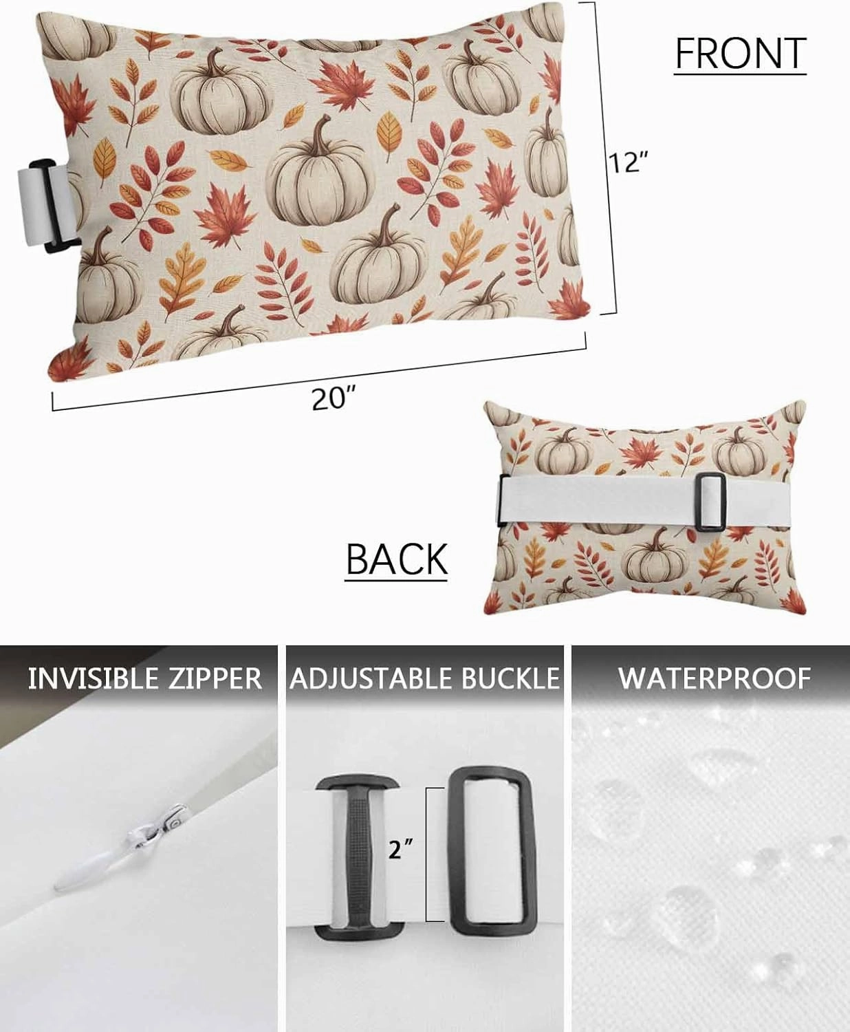 Fall Outdoor Head Resting Pillows with Insert Thanksgiving Pumpkin Fall Watercolor Fallen Leaves Retro 1 Pack Waterproof Lumbar Pillows with Elastic Strap for Patio Recliner Beach Chair, 12”x20”