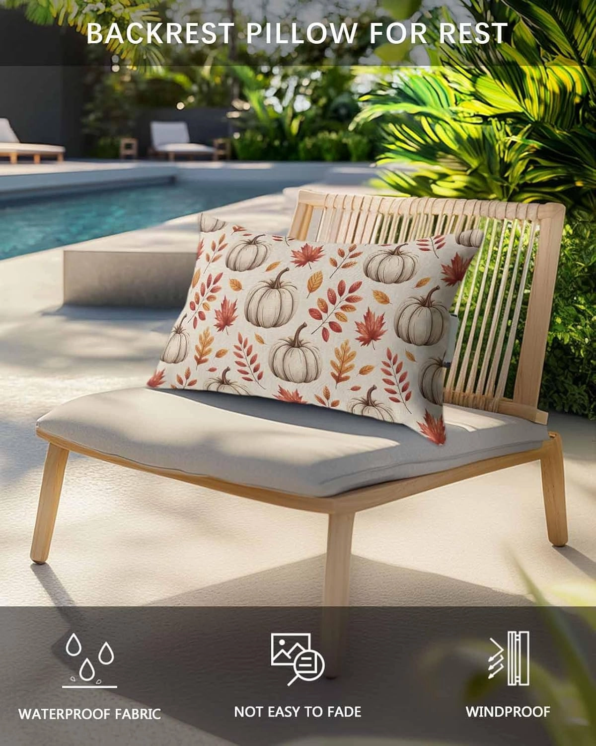 Fall Outdoor Head Resting Pillows with Insert Thanksgiving Pumpkin Fall Watercolor Fallen Leaves Retro 1 Pack Waterproof Lumbar Pillows with Elastic Strap for Patio Recliner Beach Chair, 12”x20”