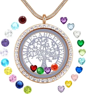 Familes Are Forever Family Tree of Life Floating Locket Necklace with 24 Birthstones