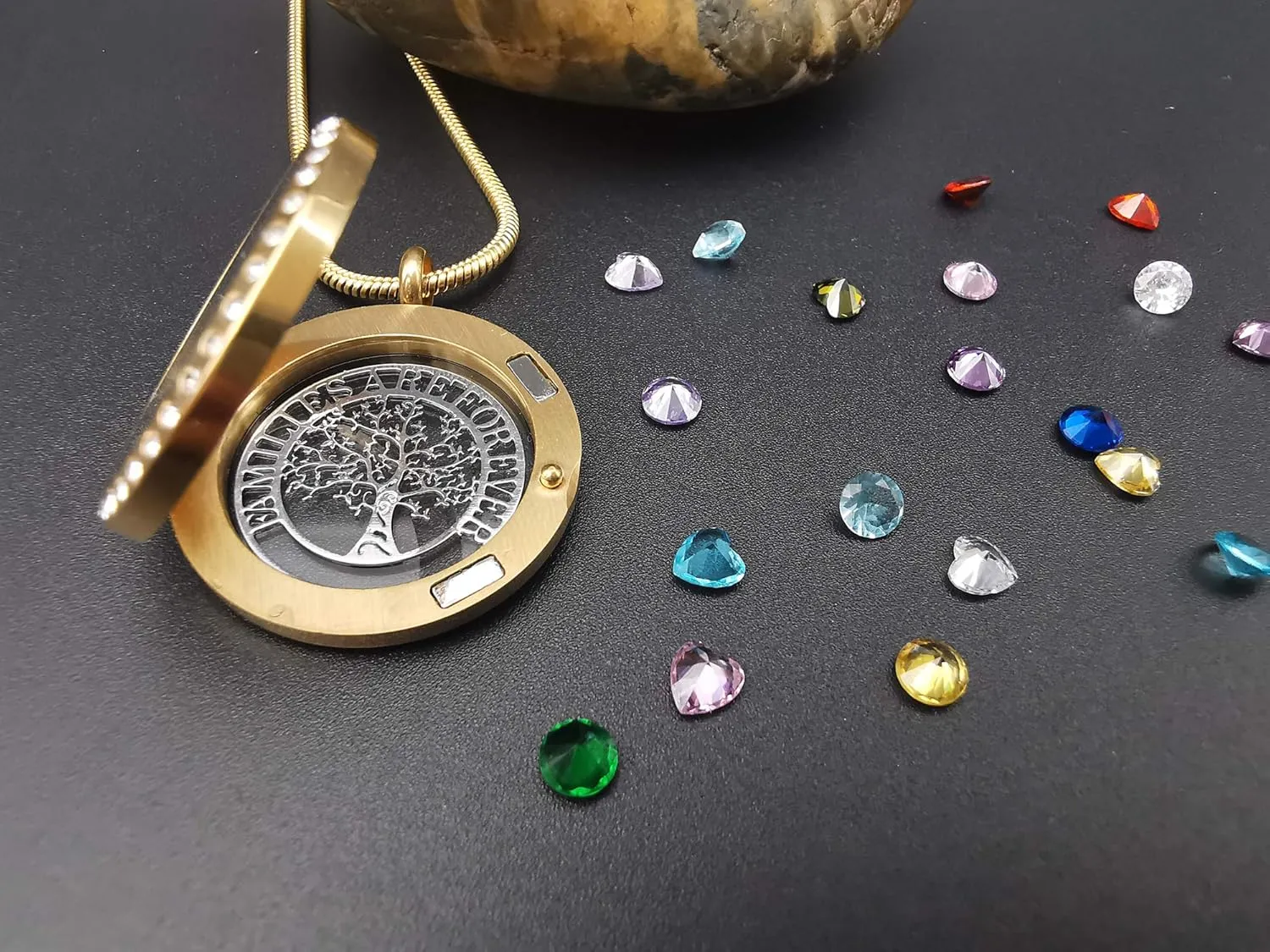 Familes Are Forever Family Tree of Life Floating Locket Necklace with 24 Birthstones