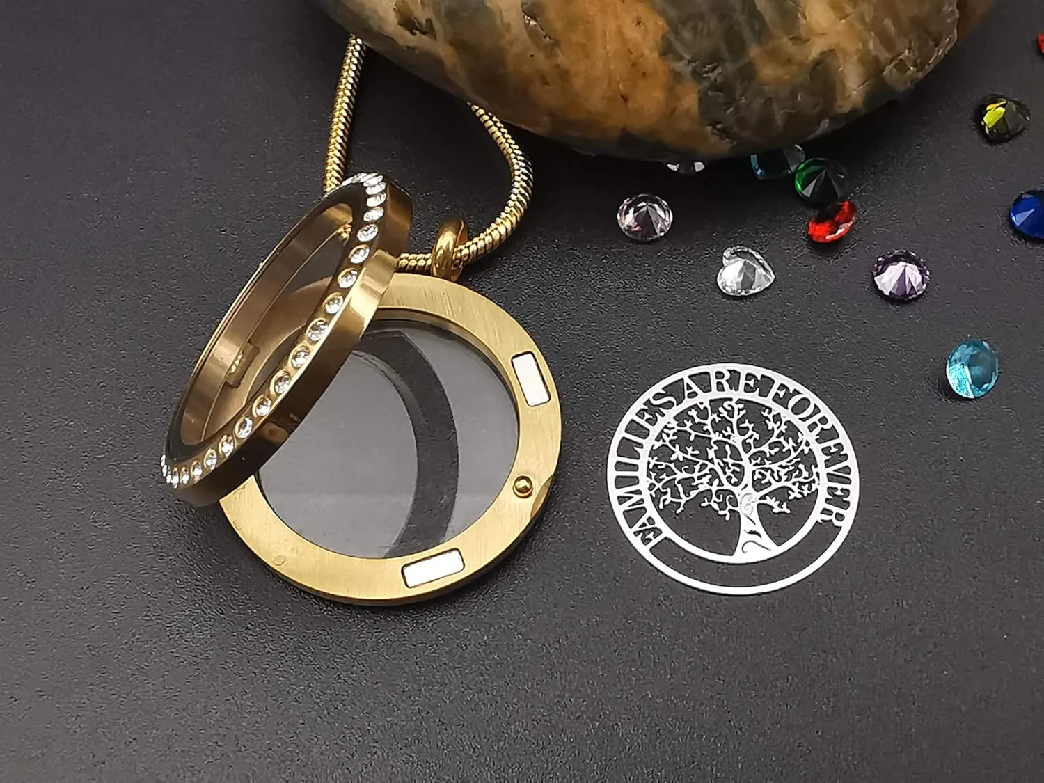 Familes Are Forever Family Tree of Life Floating Locket Necklace with 24 Birthstones