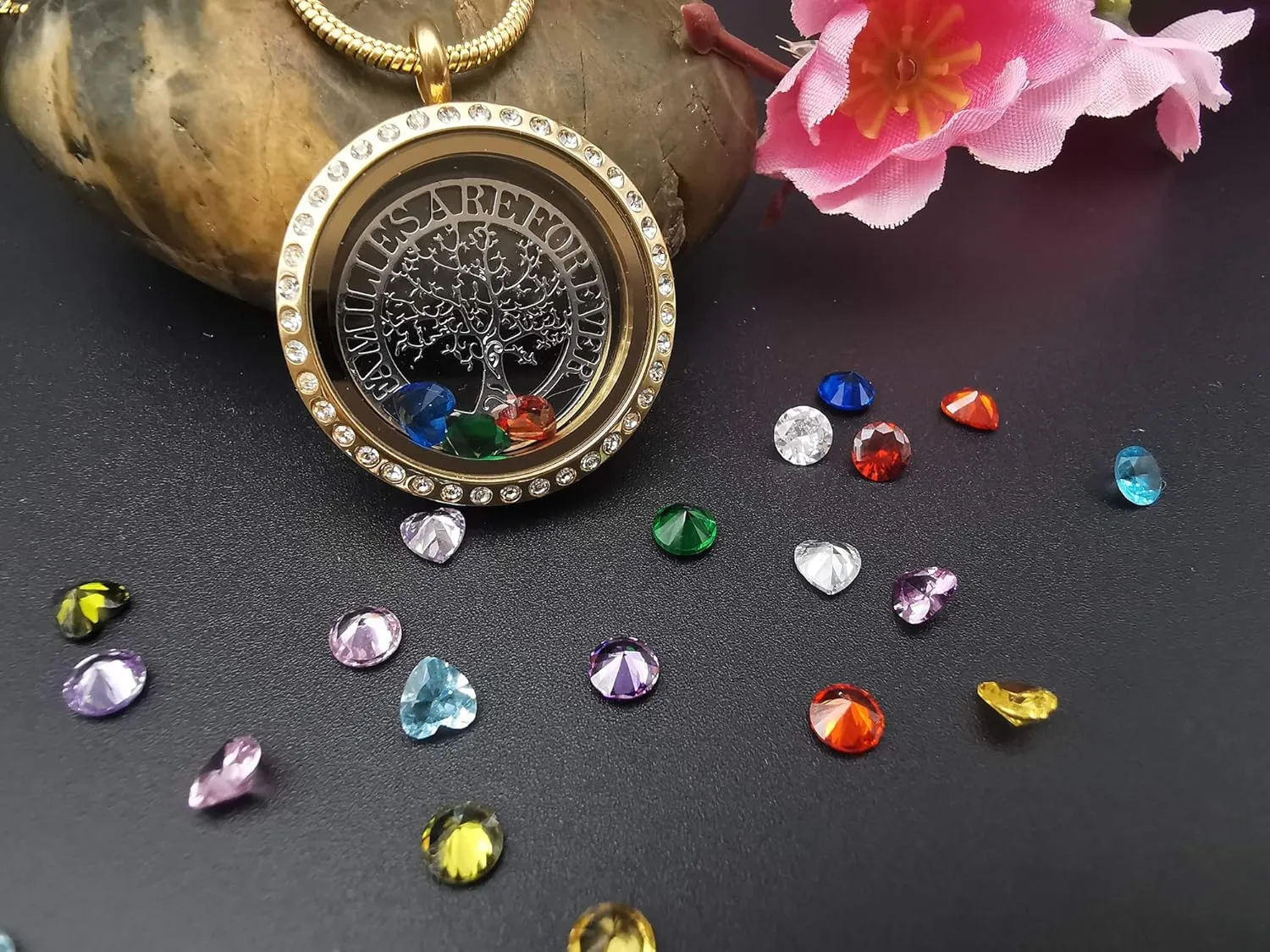 Familes Are Forever Family Tree of Life Floating Locket Necklace with 24 Birthstones