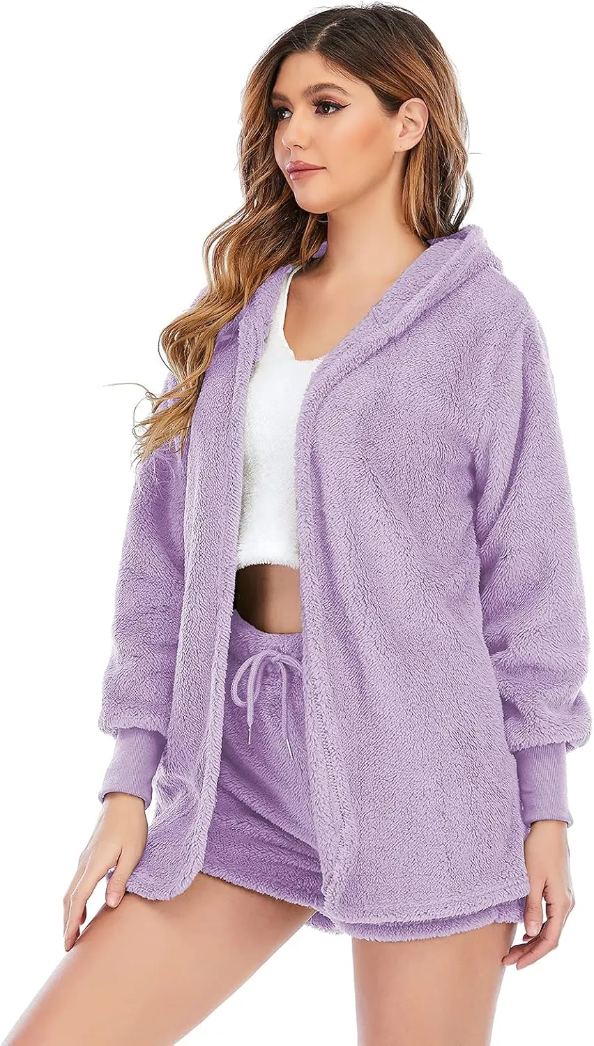 Famnbro Women's Sexy Fuzzy 3 Piece Outfits Fleece Warm Hooded Cardigan Crop Top Shorts Set Pajamas Loungewear
