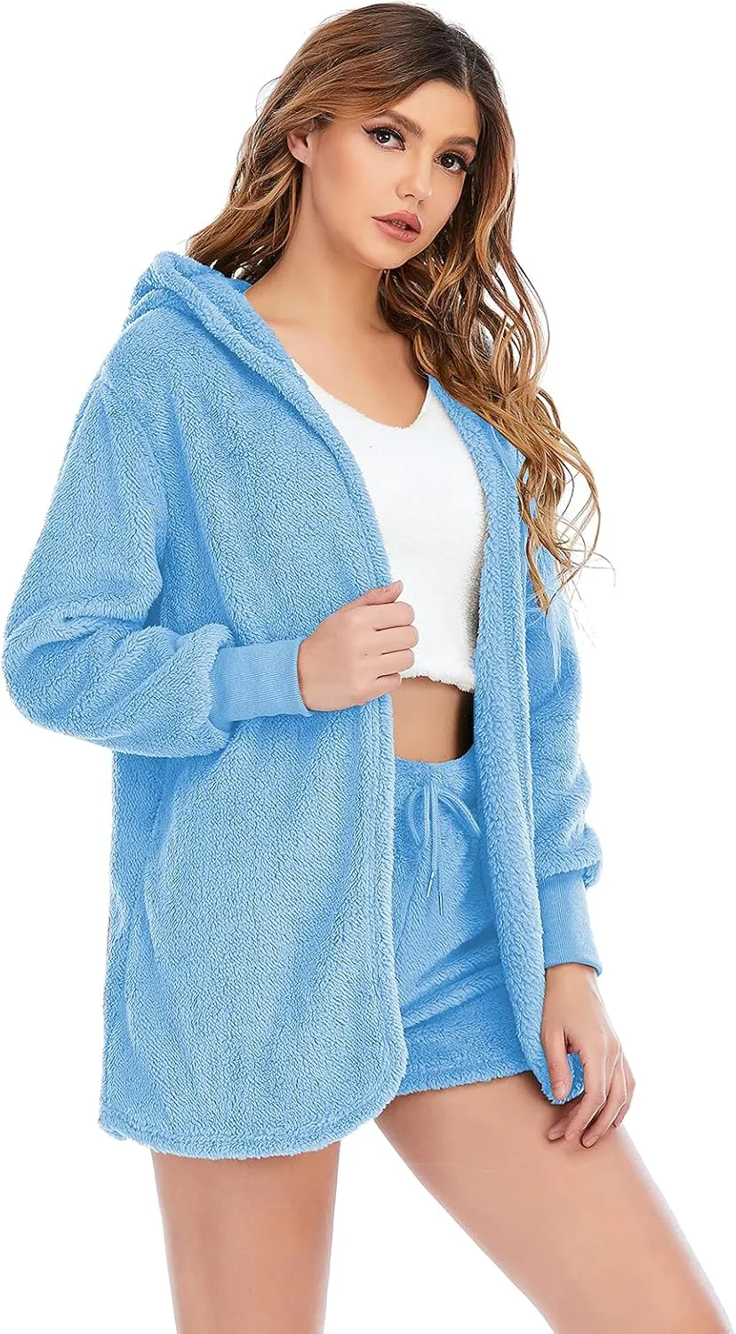 Famnbro Women's Sexy Fuzzy 3 Piece Outfits Fleece Warm Hooded Cardigan Crop Top Shorts Set Pajamas Loungewear