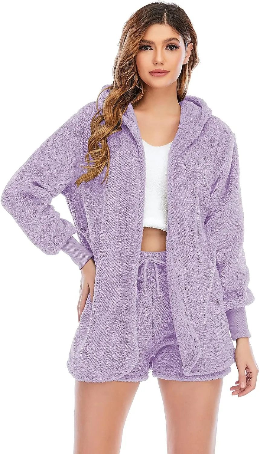 Famnbro Women's Sexy Fuzzy 3 Piece Outfits Fleece Warm Hooded Cardigan Crop Top Shorts Set Pajamas Loungewear
