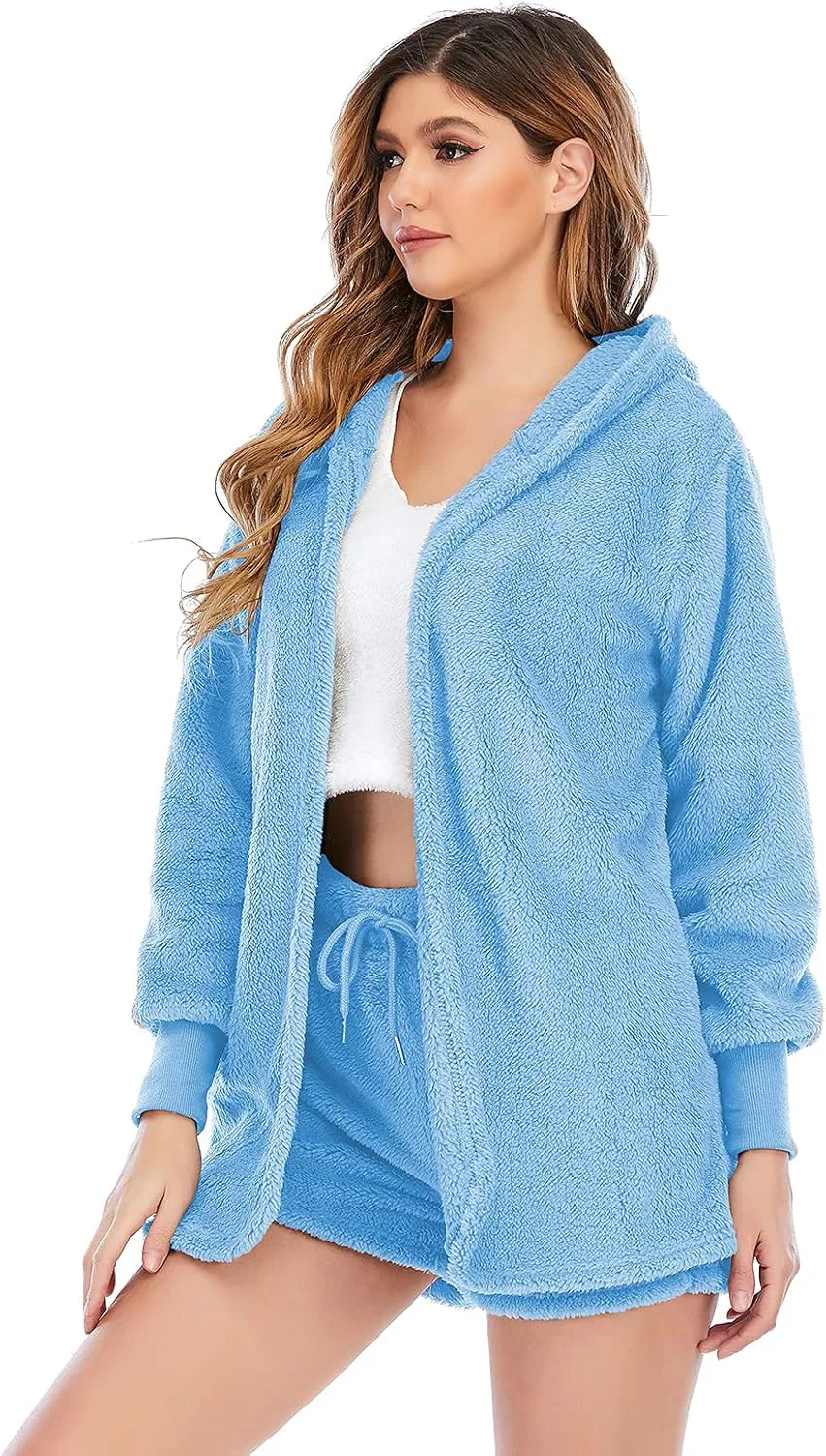 Famnbro Women's Sexy Fuzzy 3 Piece Outfits Fleece Warm Hooded Cardigan Crop Top Shorts Set Pajamas Loungewear