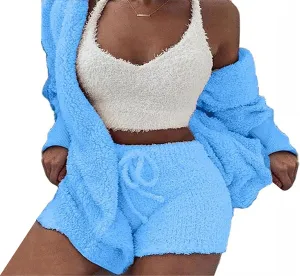 Famnbro Women's Sexy Fuzzy 3 Piece Outfits Fleece Warm Hooded Cardigan Crop Top Shorts Set Pajamas Loungewear