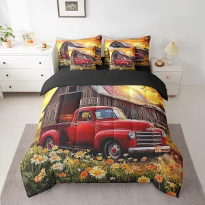 Farm Truck Bedding Set Queen Size 7 Pcs,Country Rustic Flowers Bed Set Watercolor Oil Painting Comforter Set With Sheets,Bed in a Bag with Comforter,Sheets,Pillowcases & Cushion Cover Room Decor