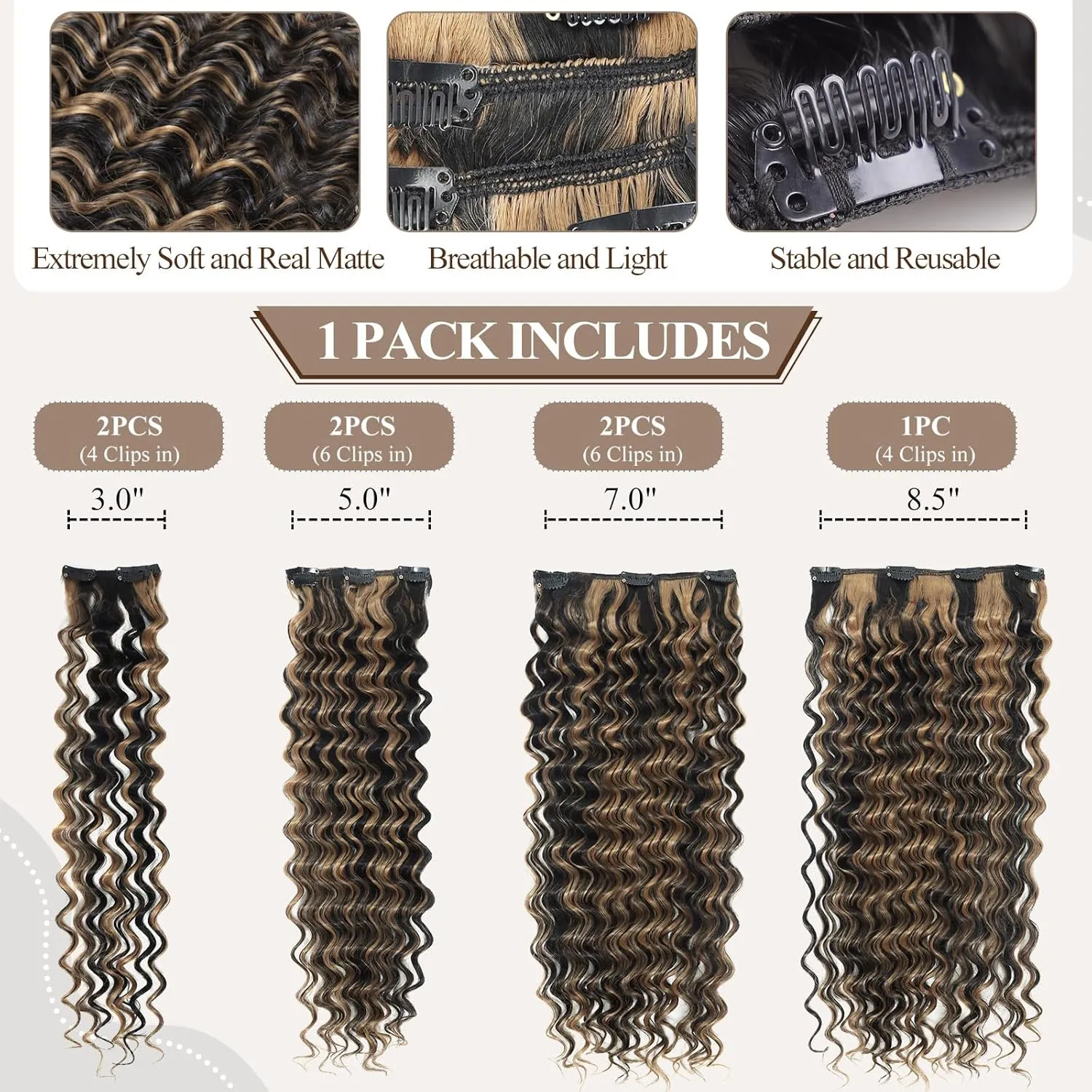 Fashion Icon Deep Wave Clip in Hair Extension Natural Black Highlighted Caramel Blonde Ombre Hair Extensions Clip in Human Hair Feeling Synthetic For Women 24 Inch(P1B/27)