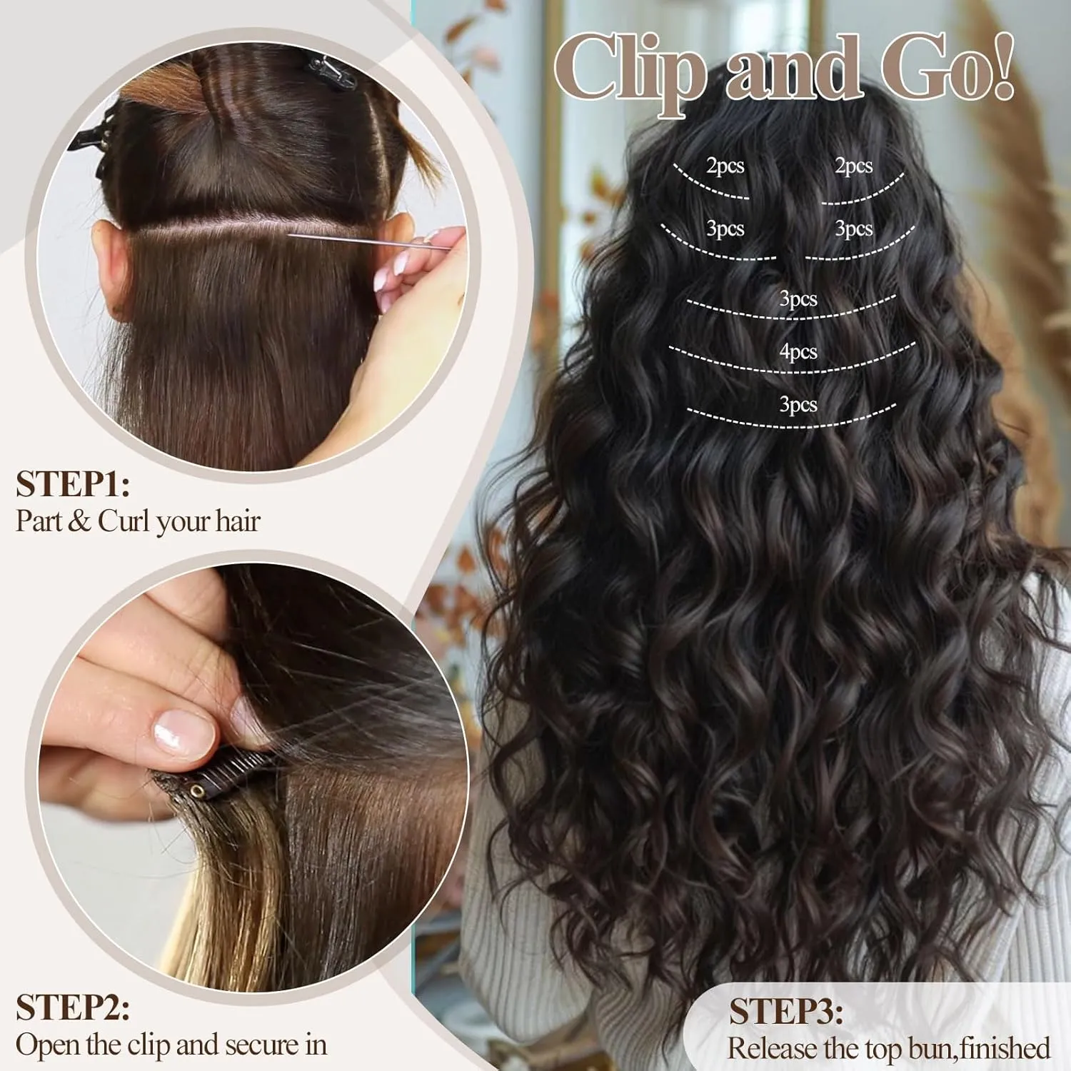 Fashion Icon Deep Wave Clip in Hair Extension Natural Black Highlighted Caramel Blonde Ombre Hair Extensions Clip in Human Hair Feeling Synthetic For Women 24 Inch(P1B/27)