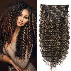 Fashion Icon Deep Wave Clip in Hair Extension Natural Black Highlighted Caramel Blonde Ombre Hair Extensions Clip in Human Hair Feeling Synthetic For Women 24 Inch(P1B/27)
