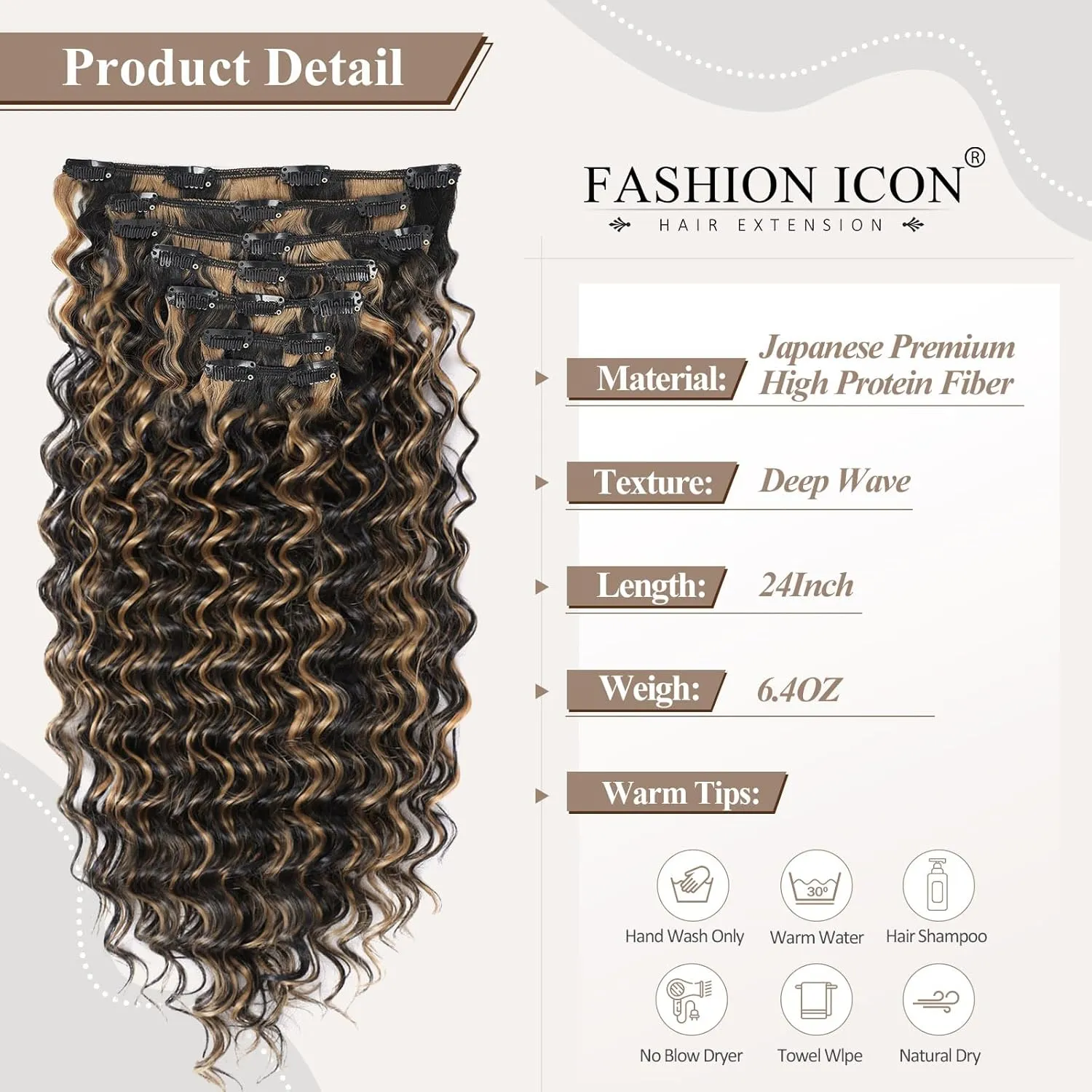 Fashion Icon Deep Wave Clip in Hair Extension Natural Black Highlighted Caramel Blonde Ombre Hair Extensions Clip in Human Hair Feeling Synthetic For Women 24 Inch(P1B/27)