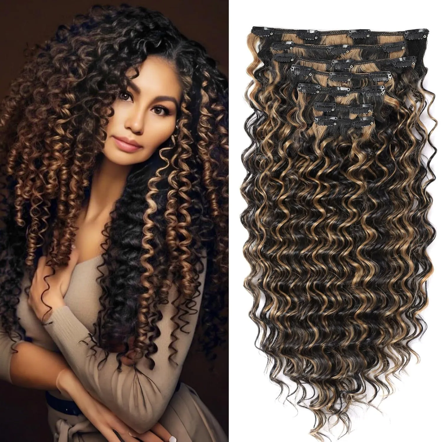 Fashion Icon Deep Wave Clip in Hair Extension Natural Black Highlighted Caramel Blonde Ombre Hair Extensions Clip in Human Hair Feeling Synthetic For Women 24 Inch(P1B/27)