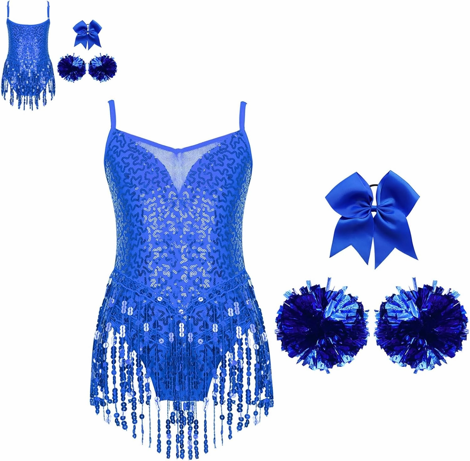 FEESHOW Kids Girls Latin Jazz Dance Dress Leotard Shiny Sequins Ballroom Dancewear Tassel Hem Rumba Samba Dance Costume