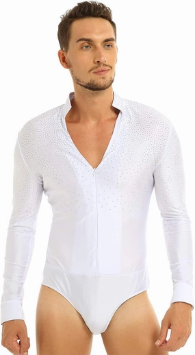 FEESHOW Men's Dance Shiny Rhinestones Bodysuit Shirt Ballroom Salsa Samba Latin Tops Leotard
