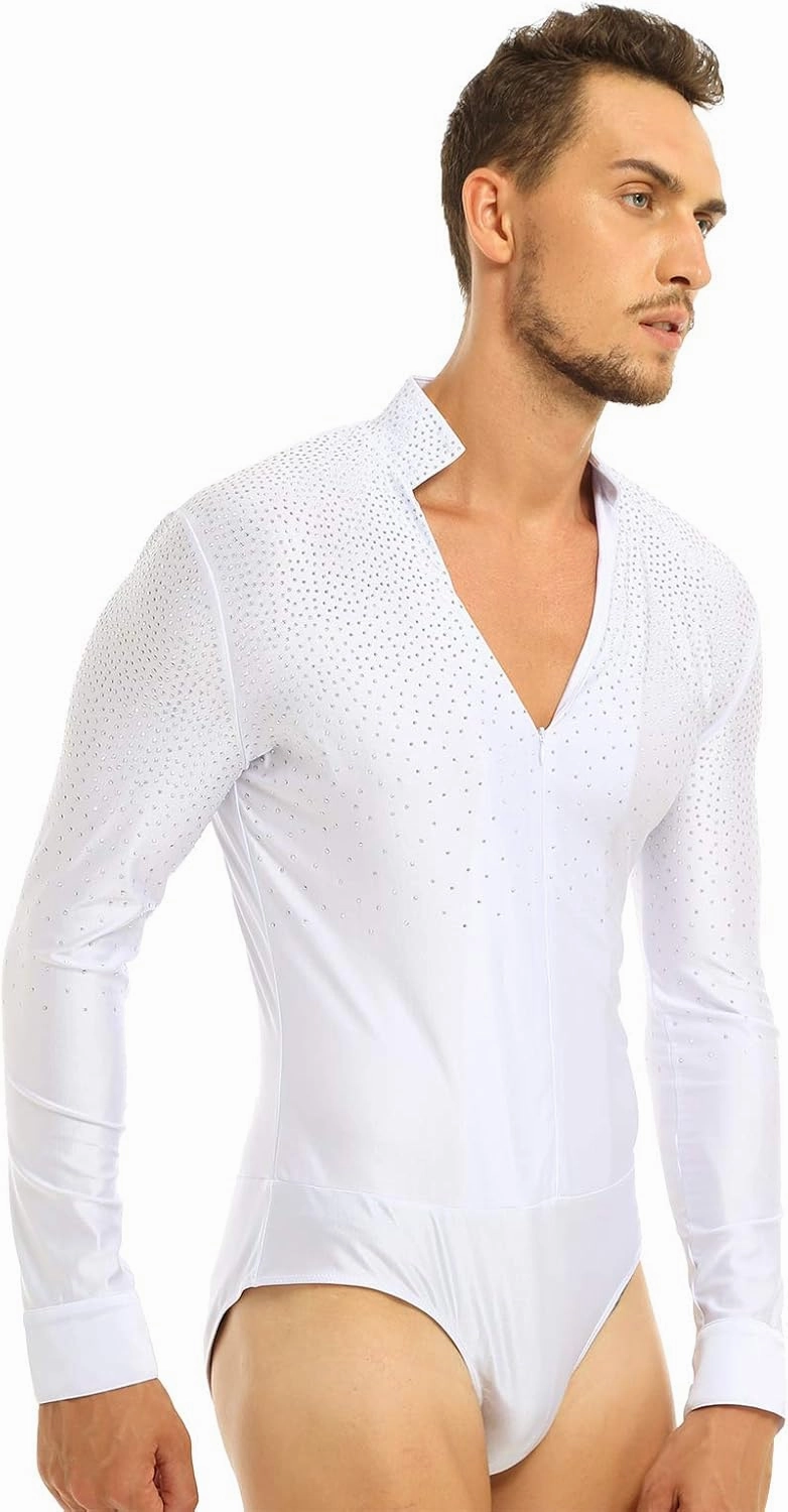 FEESHOW Men's Dance Shiny Rhinestones Bodysuit Shirt Ballroom Salsa Samba Latin Tops Leotard