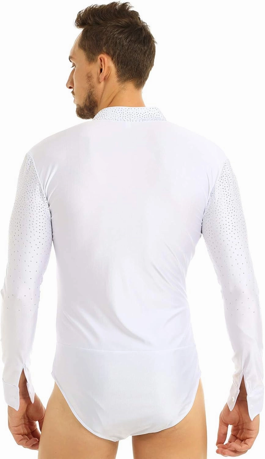 FEESHOW Men's Dance Shiny Rhinestones Bodysuit Shirt Ballroom Salsa Samba Latin Tops Leotard