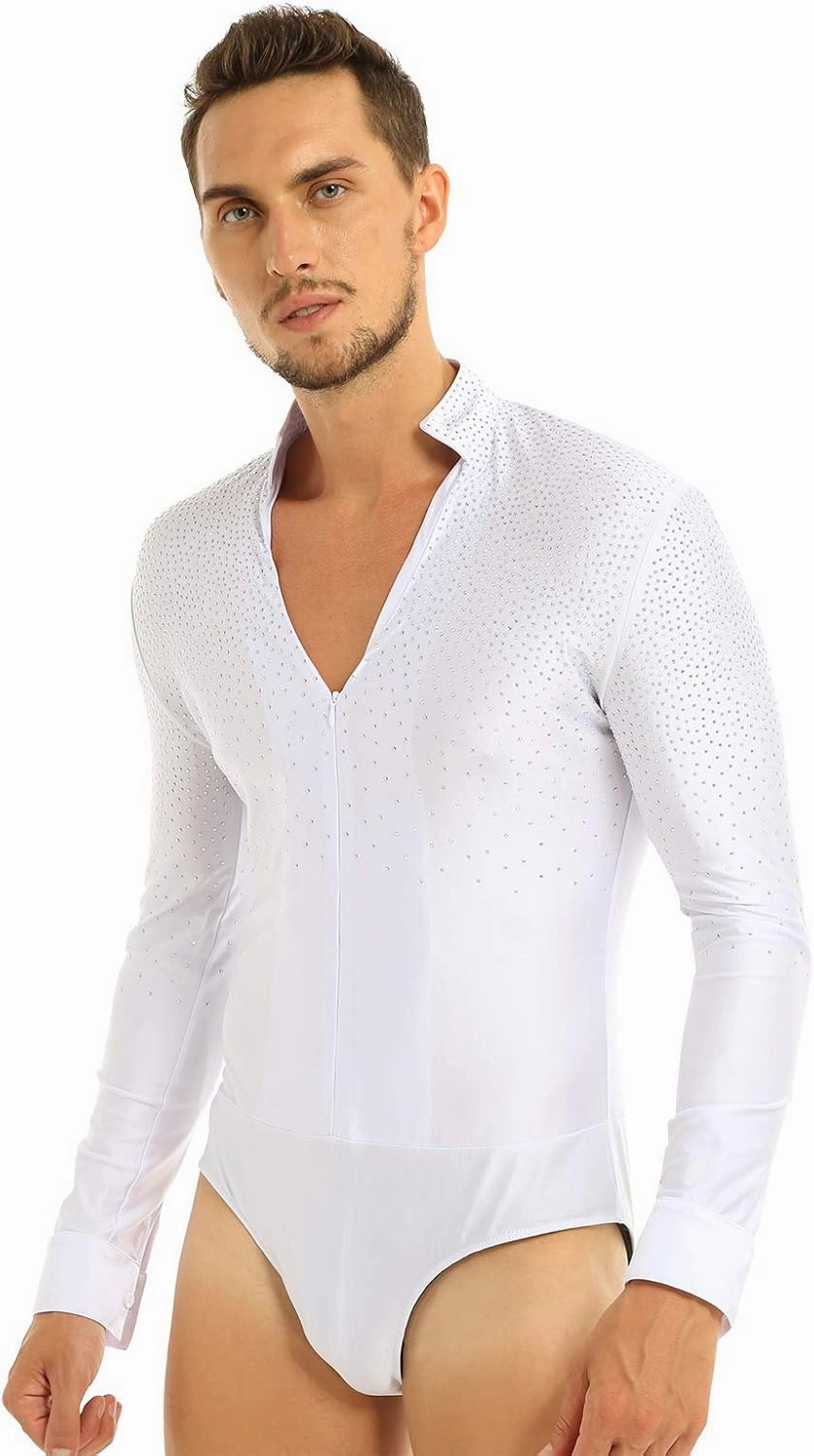 FEESHOW Men's Dance Shiny Rhinestones Bodysuit Shirt Ballroom Salsa Samba Latin Tops Leotard