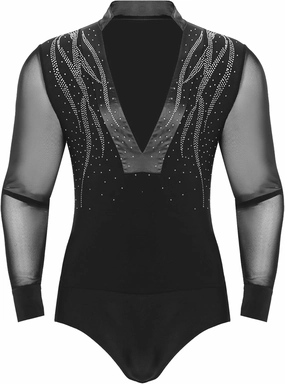 FEESHOW Men's Long Sleeve Sheer Mesh Latin Dance Leotard Sparkling Bodysuit Tops Salsa Samba Dance Costume