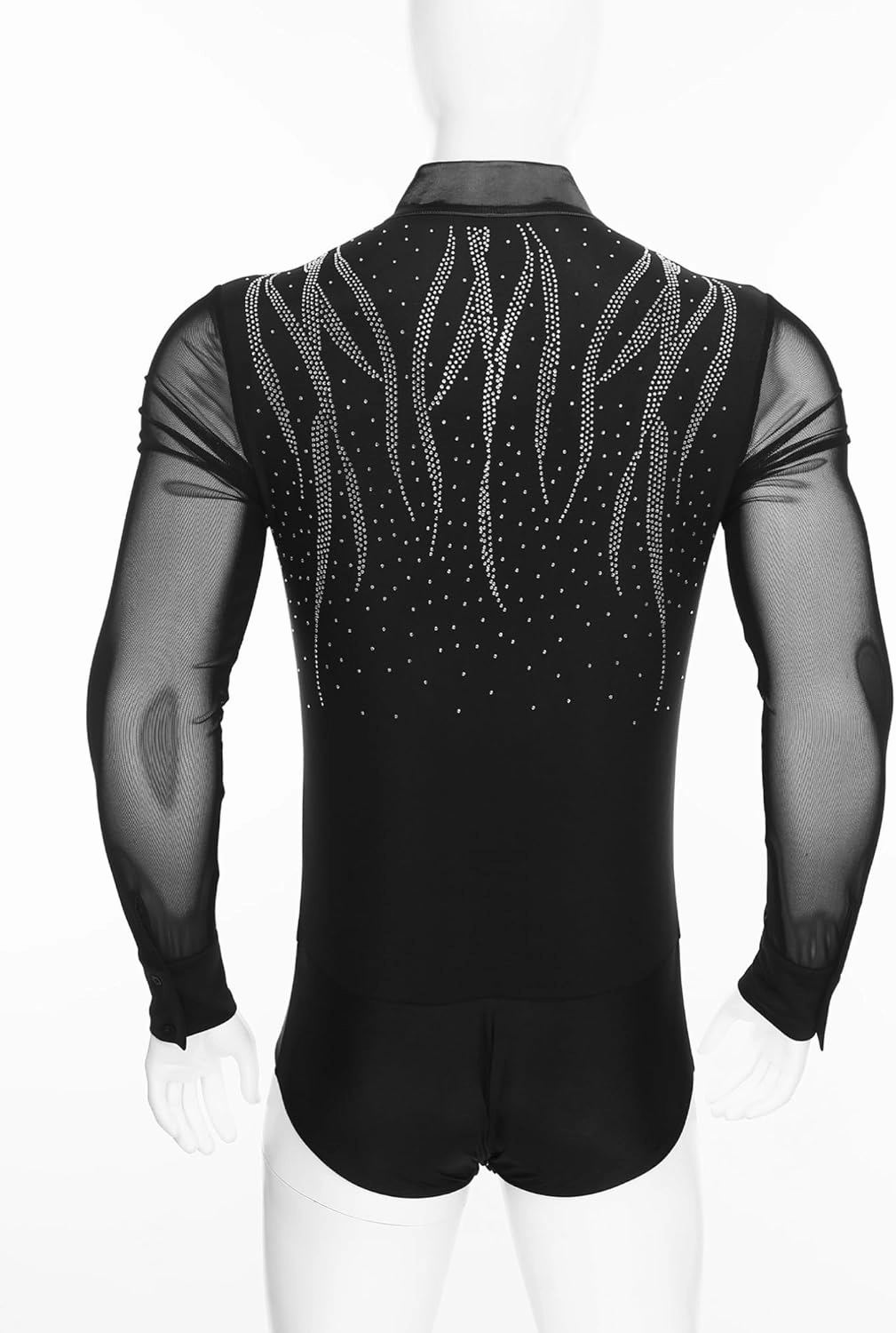 FEESHOW Men's Long Sleeve Sheer Mesh Latin Dance Leotard Sparkling Bodysuit Tops Salsa Samba Dance Costume