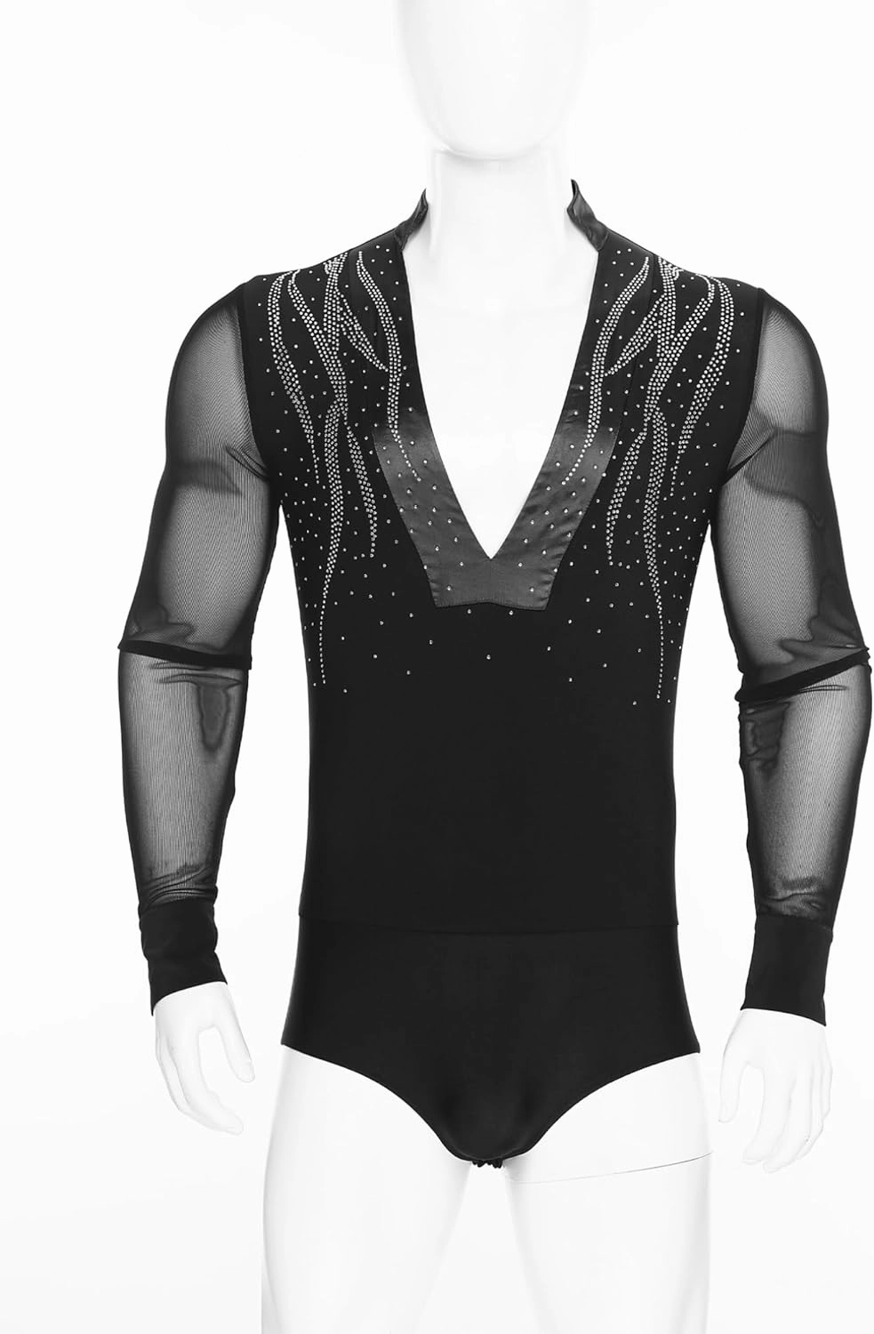 FEESHOW Men's Long Sleeve Sheer Mesh Latin Dance Leotard Sparkling Bodysuit Tops Salsa Samba Dance Costume