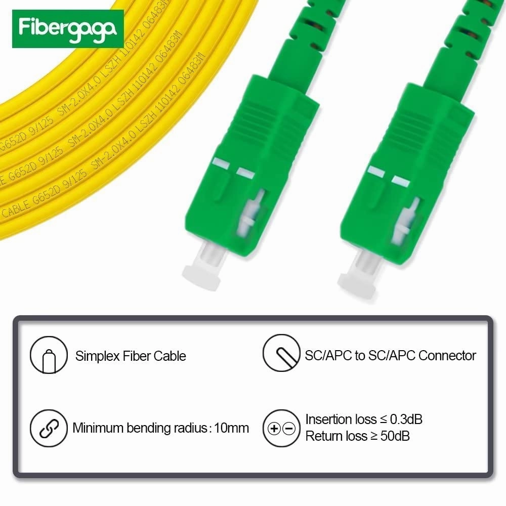 Fibergaga-2m(7ft) OS2 SC/APC to SC/APC Fiber Patch Cable Single Mode, Simplex, Length Option: 0.5M(1.6ft)-100m(328ft) 9/125µm 2.0mm Diameter Internet Fiber Optic Cable, OS1/OS2 Compatible -5 Pack
