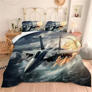 Fighter Aircraft Comforter Set Kids F-15 Eagle Flying on The Sea Surface Bedding Set Boys Girls Military Jet Print Decor Quilt Set, Full Size, 1 Comforter 2 Pillowcases