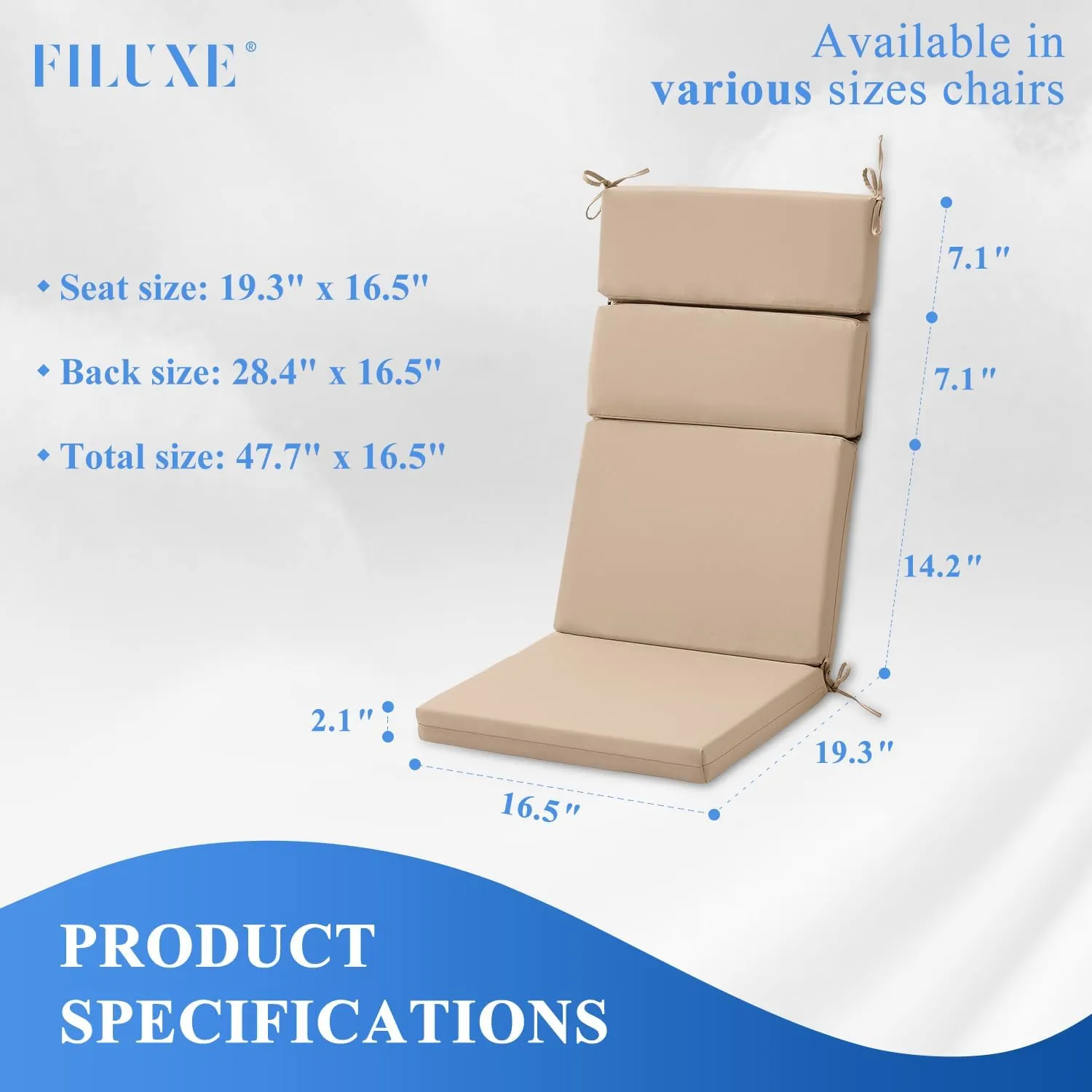 FILUXE Indoor/Outdoor One Piece High Back Chair Seat/Back Patio Cushion with Ties, 45.5" x 20",Fade-Resistant & Seasonal All Weather Replacement, Khaki