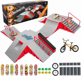 Finger Skateboard Park Kits,14-in-1 Bigger Finger Skateboard Ramp Set with 14 Ramps,8 Fingerboards,1 Finger Bike, Skate Park Kit,Fingerboard Skatepark Half Pipe Toys Gifts for Ages 3 
