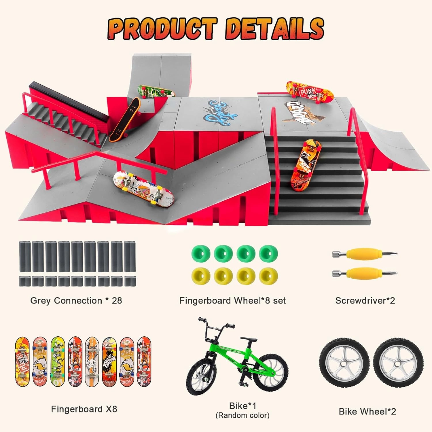 Finger Skateboard Park Kits,14-in-1 Bigger Finger Skateboard Ramp Set with 14 Ramps,8 Fingerboards,1 Finger Bike, Skate Park Kit,Fingerboard Skatepark Half Pipe Toys Gifts for Ages 3 