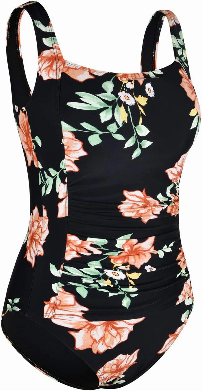 Firpearl Women's Black One Piece Bathing Suit Ruched Tummy Control Swimsuit
