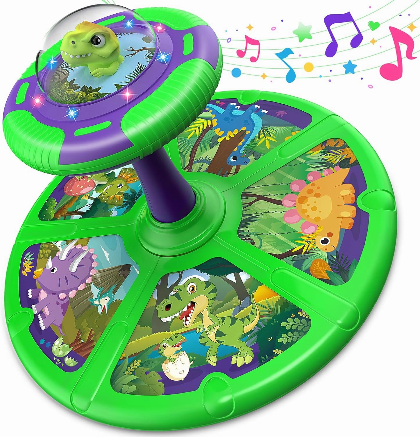 Flooyes Dinosaur Sit and Spin Toys for Toddlers Boys 1 2 3 Years Old, Birthday Gift for Boys Age 2-4 with LED Lights and Music, 360° Spin