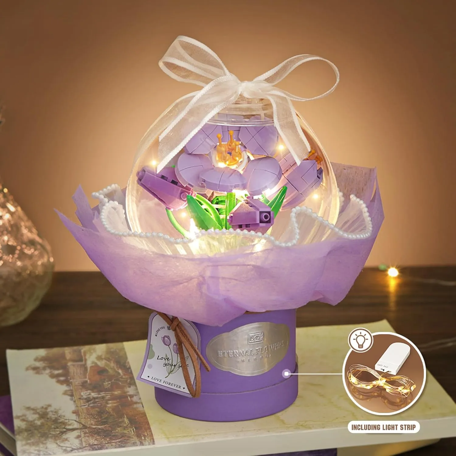 Flower Building Blocks Set with Dust-Proof Dome,Simulation Bouquet for Valentine's Day,Bonsai Building Bricks Toys,Home Decor (Tulip)