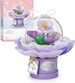Flower Building Blocks Set with Dust-Proof Dome,Simulation Bouquet for Valentine's Day,Bonsai Building Bricks Toys,Home Decor (Tulip)