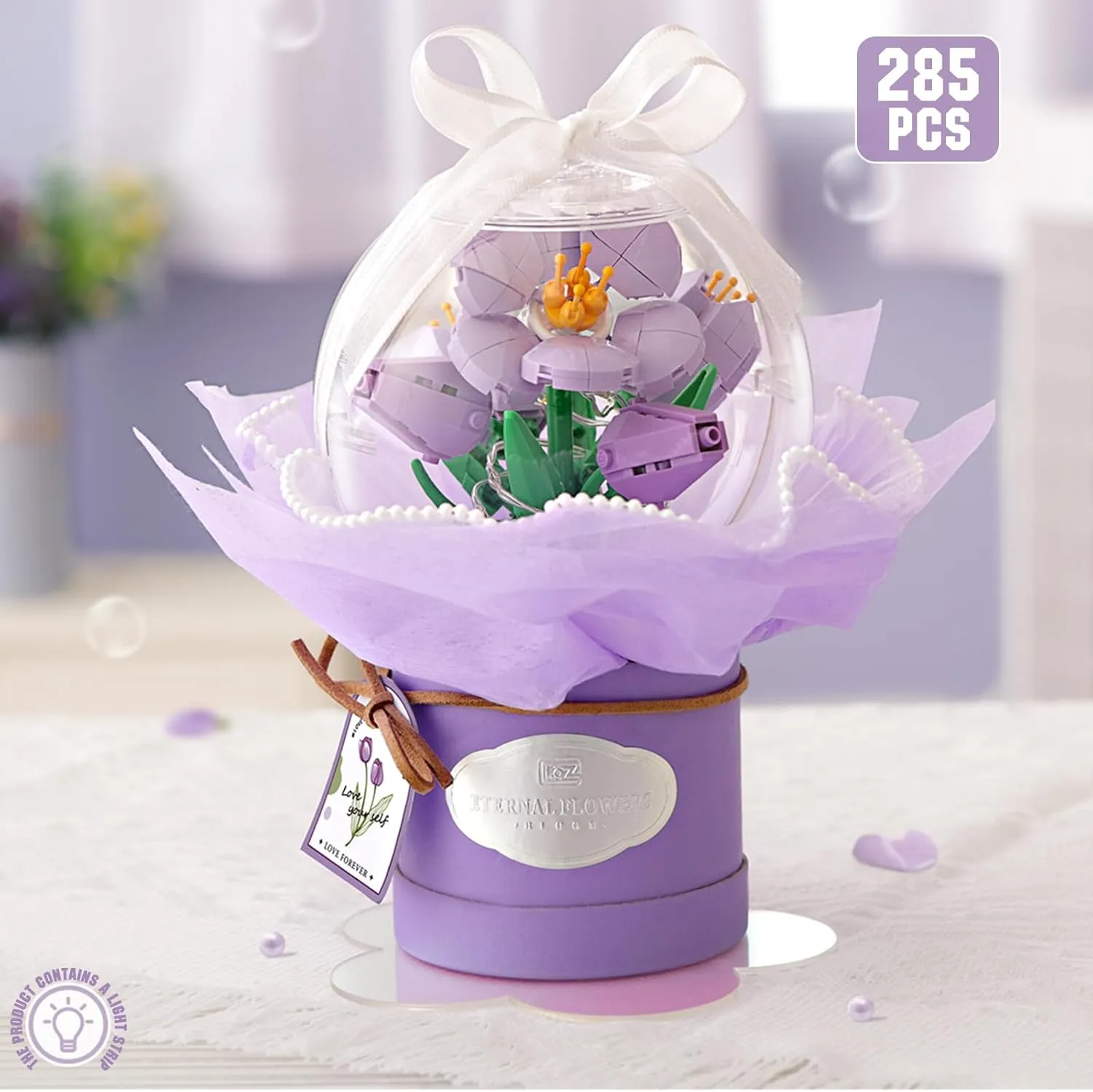 Flower Building Blocks Set with Dust-Proof Dome,Simulation Bouquet for Valentine's Day,Bonsai Building Bricks Toys,Home Decor (Tulip)