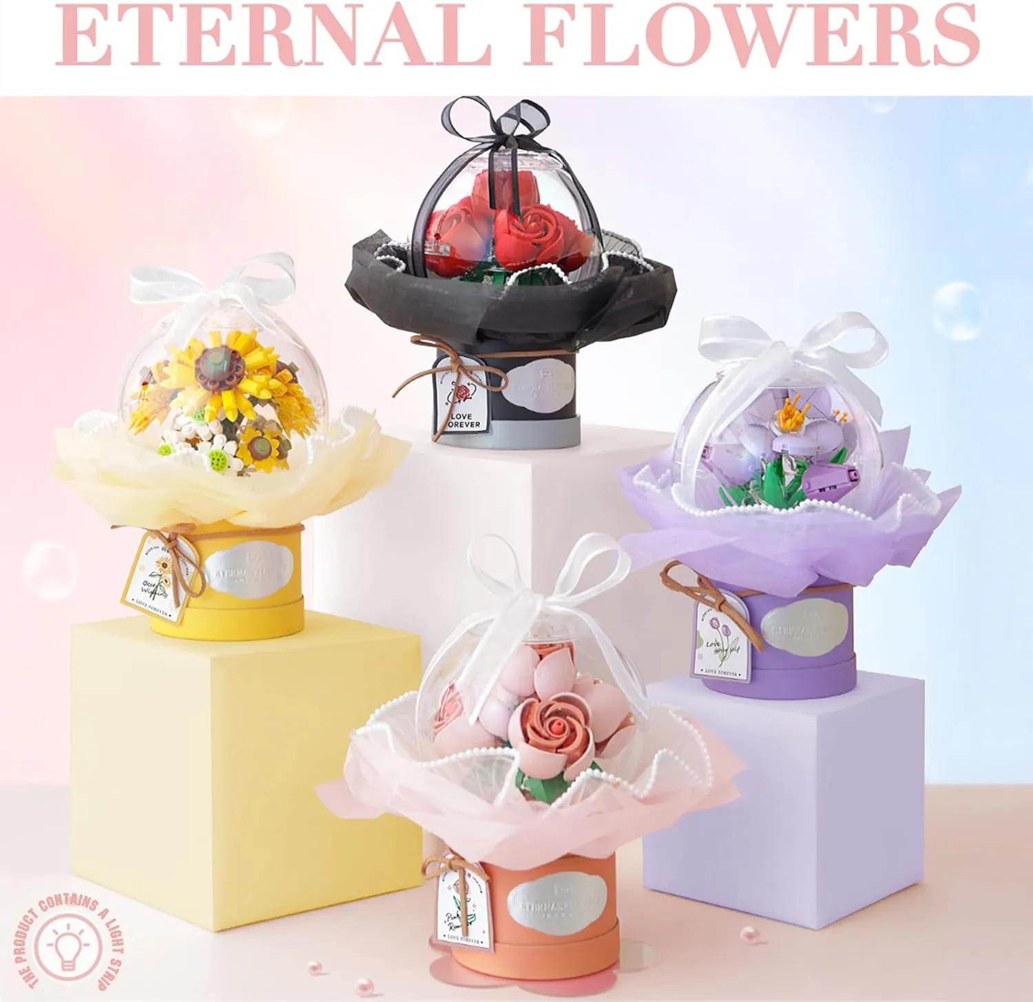 Flower Building Blocks Set with Dust-Proof Dome,Simulation Bouquet for Valentine's Day,Bonsai Building Bricks Toys,Home Decor (Tulip)