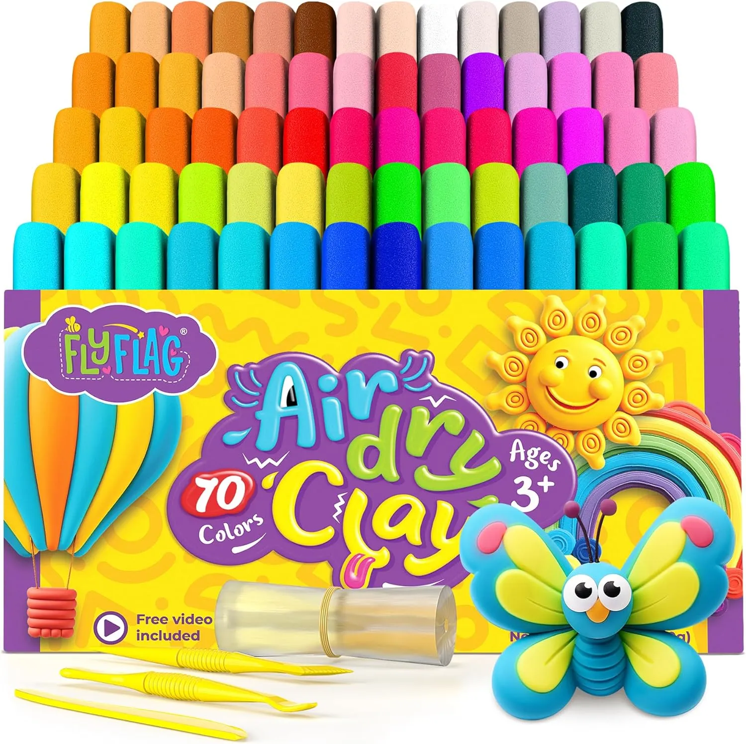 FlyFlag Air Dry Clay - 70 Colors, Soft & Ultra Light, Modeling Clay for Kids with Tools and Tutorials