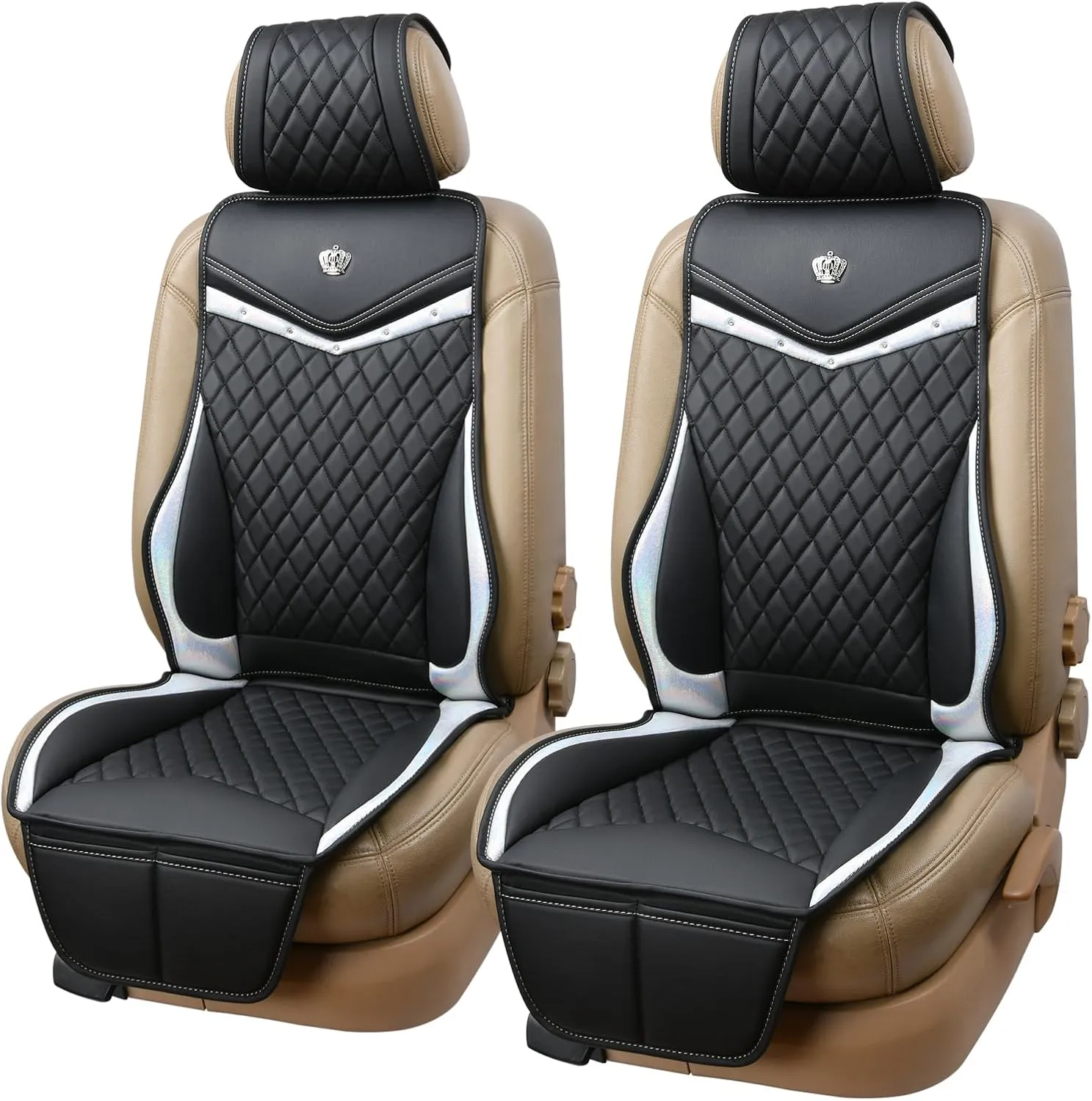 Flying Banner car seat Covers seat Cushions Luxe Fit Faux Leather Easy Installation Vehicles Non Slip Premium (Black Silver, 2 x Front Seat Cover)