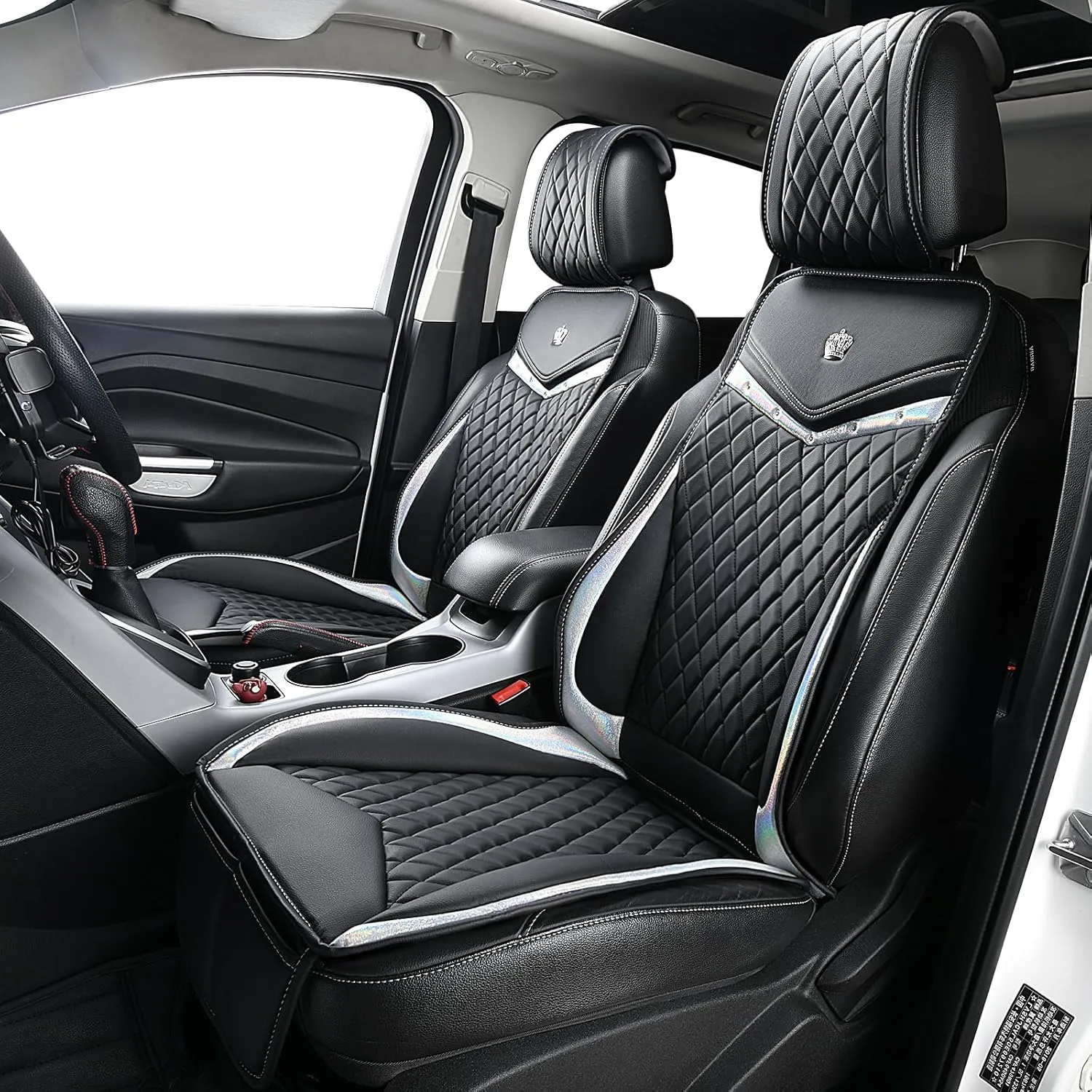 Flying Banner car seat Covers seat Cushions Luxe Fit Faux Leather Easy Installation Vehicles Non Slip Premium (Black Silver, 2 x Front Seat Cover)