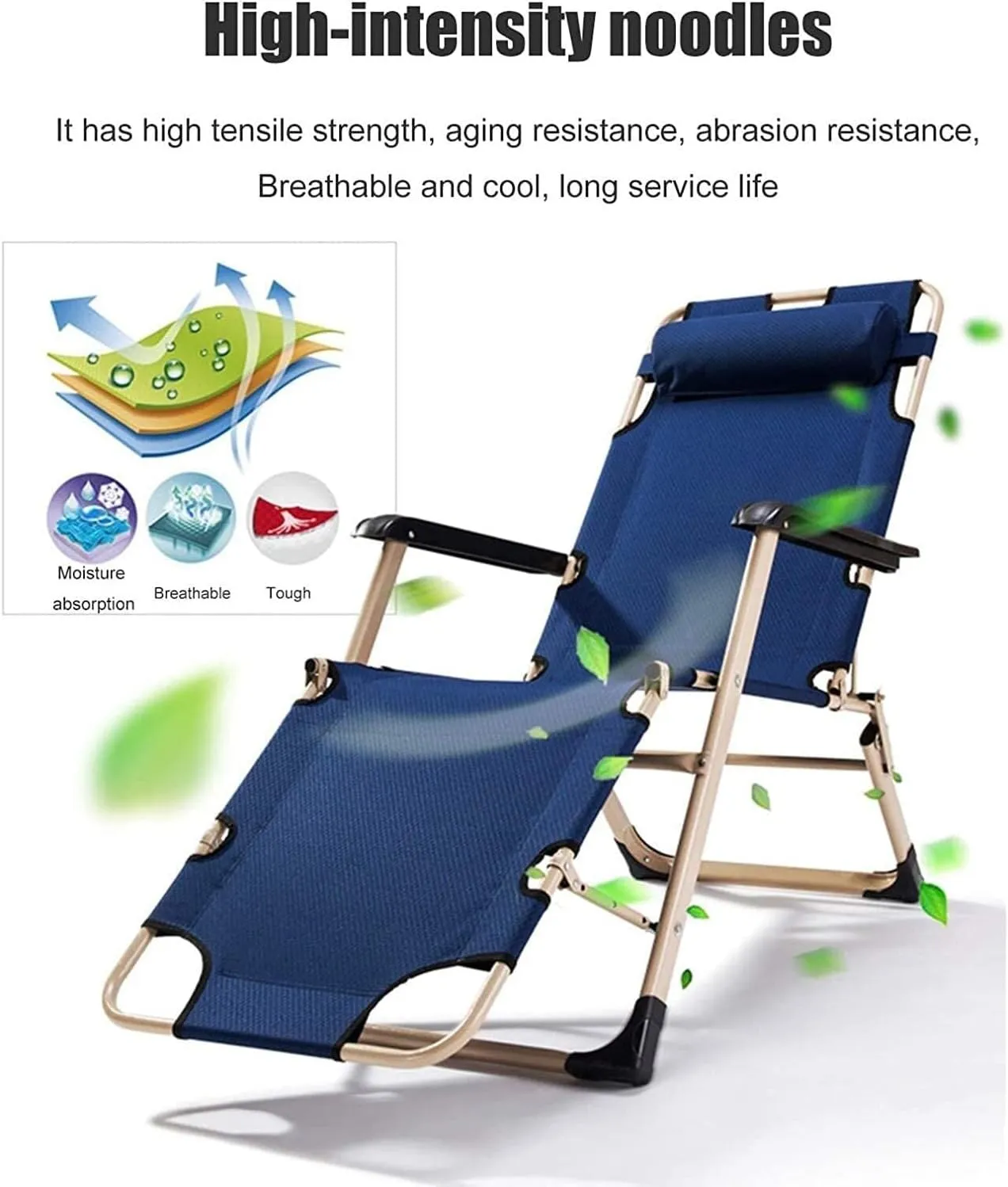 Folding Reclining Chair, Adjustable Office & Terrace Lounge Chair, Portable Camping Sun Lounger with Lake Blue Cotton Pad(Blue Chair)