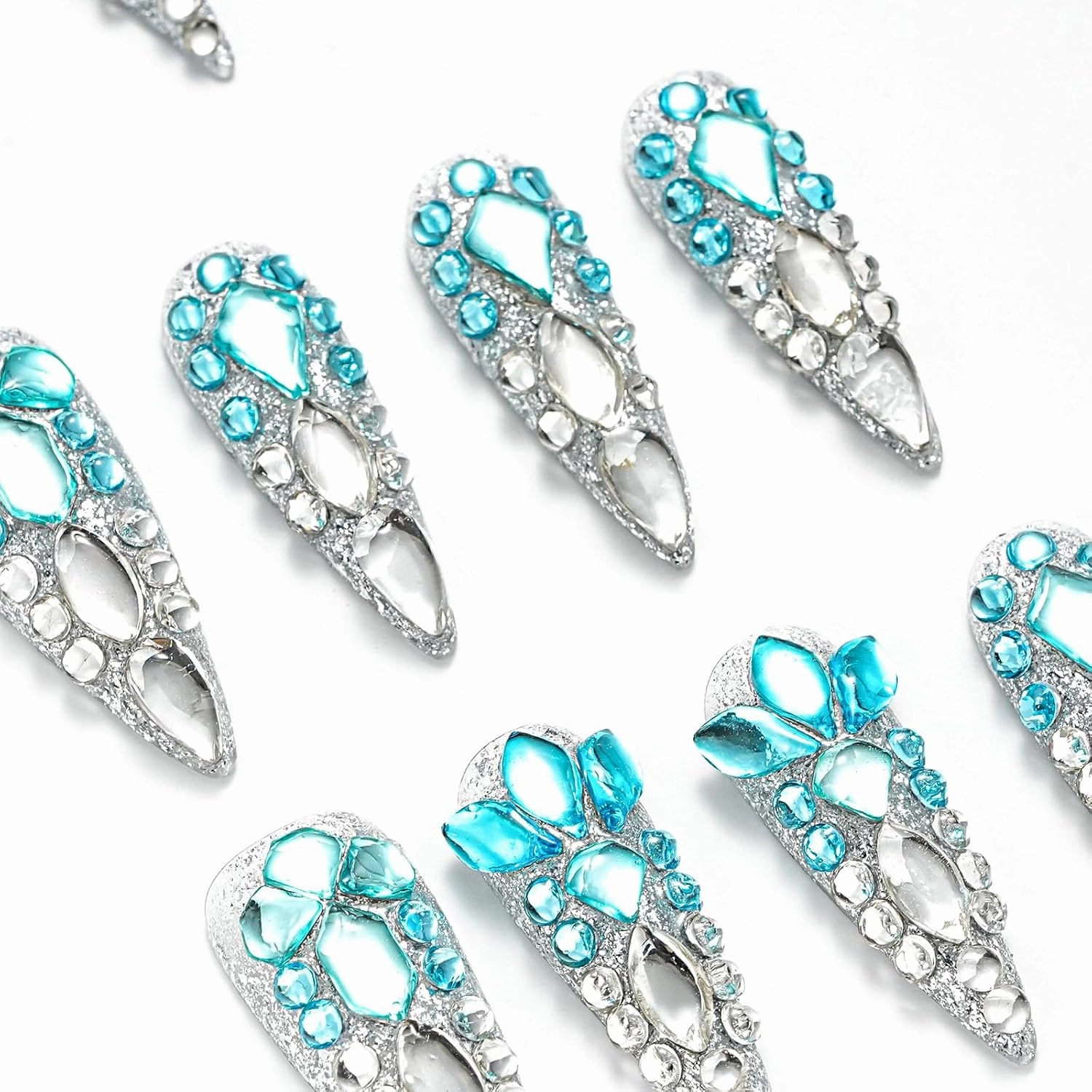 FORBELOVED NAILS,Luxury Silver-Blue Crystal Handmade Press On Nails,Long Stiletto Stick On Nails,Shiny Full Covered Gems,Charming False Nails For Women And Girls,10Pcs/Set With Glue,(Blue-S),FOB
