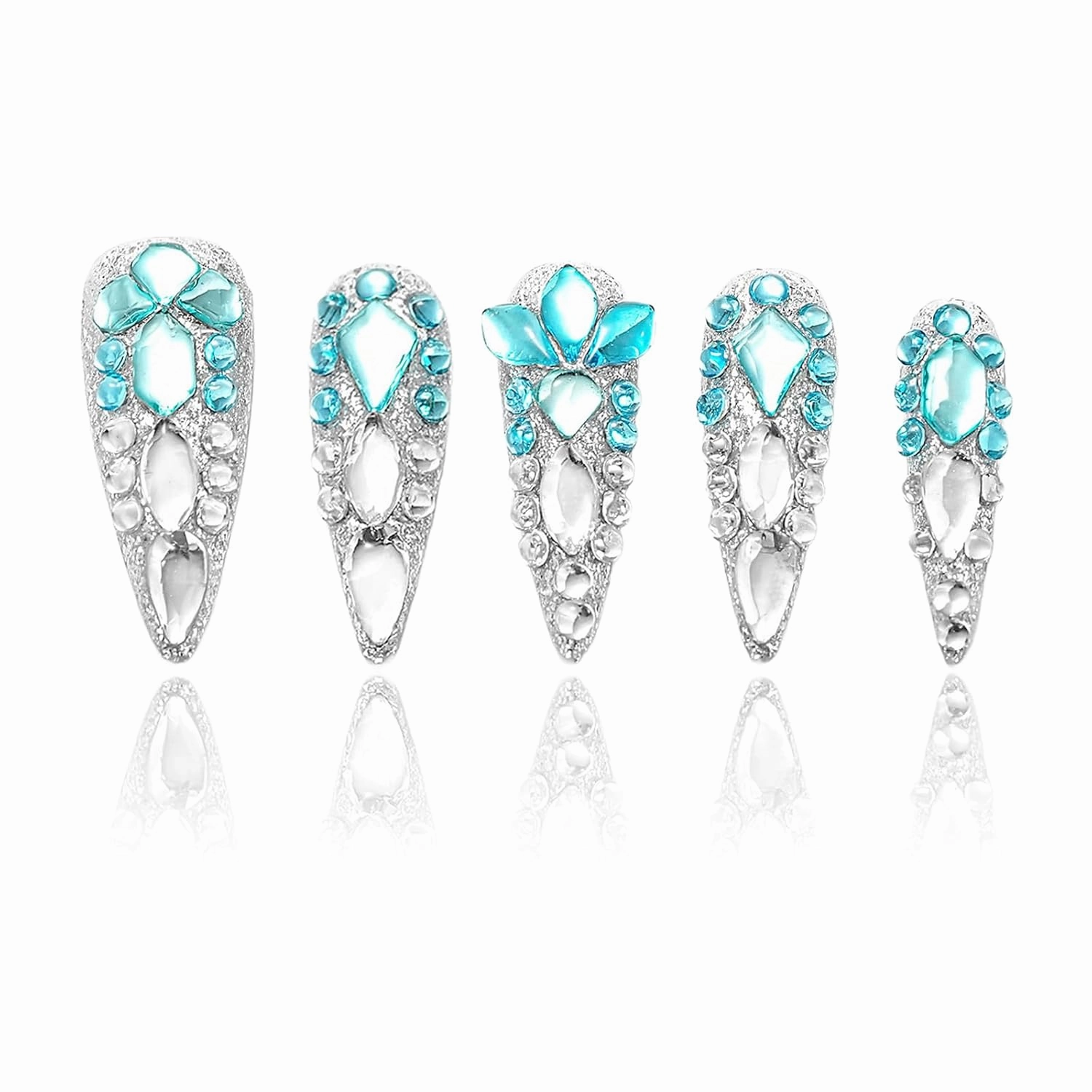 FORBELOVED NAILS,Luxury Silver-Blue Crystal Handmade Press On Nails,Long Stiletto Stick On Nails,Shiny Full Covered Gems,Charming False Nails For Women And Girls,10Pcs/Set With Glue,(Blue-S),FOB